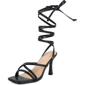 Women Black Faux Leather Square Open Toe Tie up Stiletto Heels Sandals